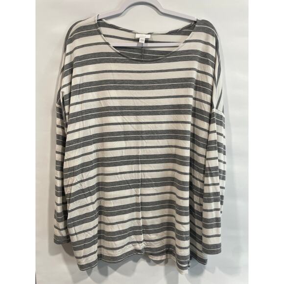 Pure Jill Striped Pullover Top  Long Sleeve Women’s Large Grey White Round Neck - Picture 2 of 6